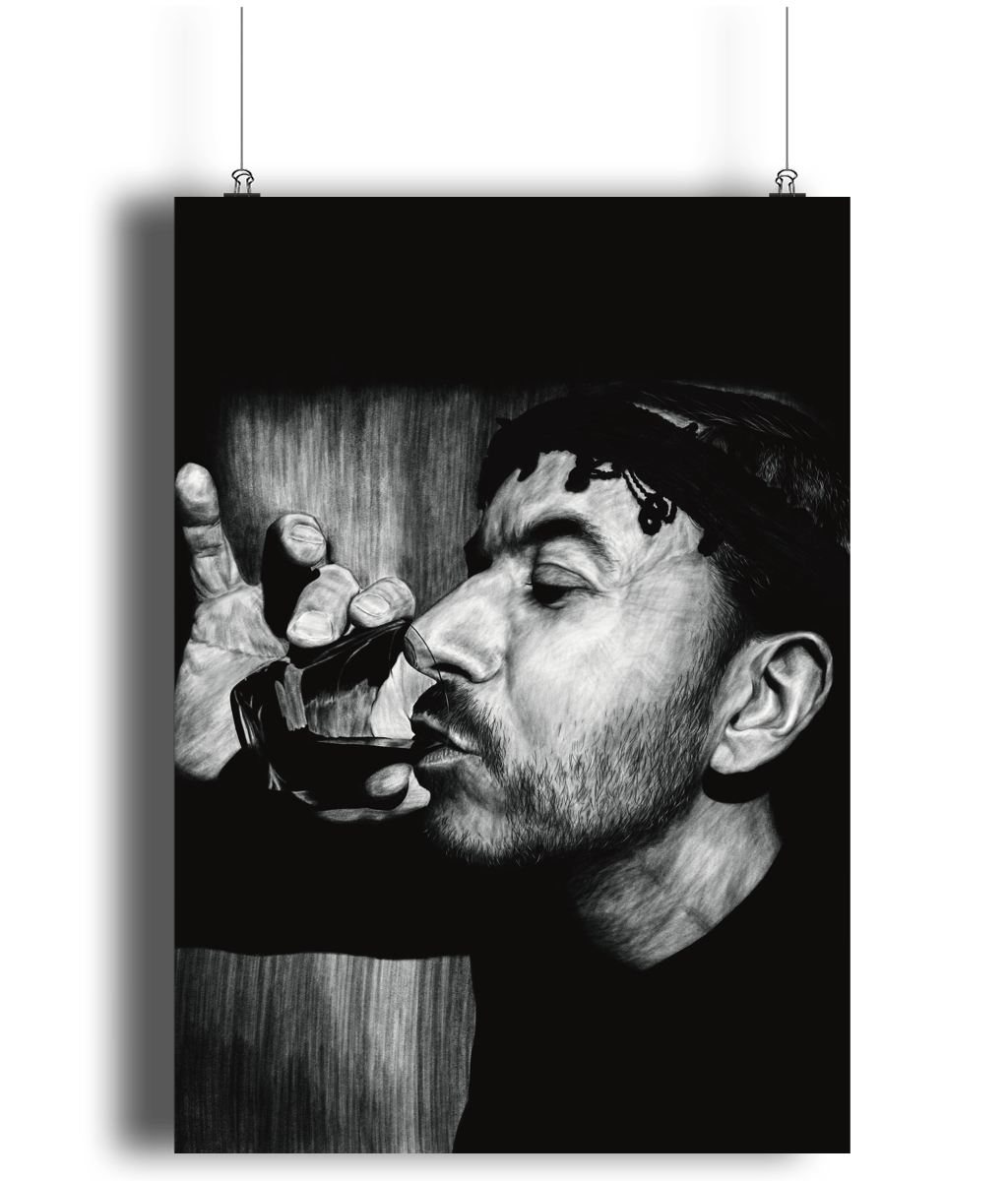 A Night in Crete - Black and white artwork of a Cretan man wearing traditional headwear, raising a glass of wine in celebration. Monochrome Greek art print, capturing Cretan culture and tradition.