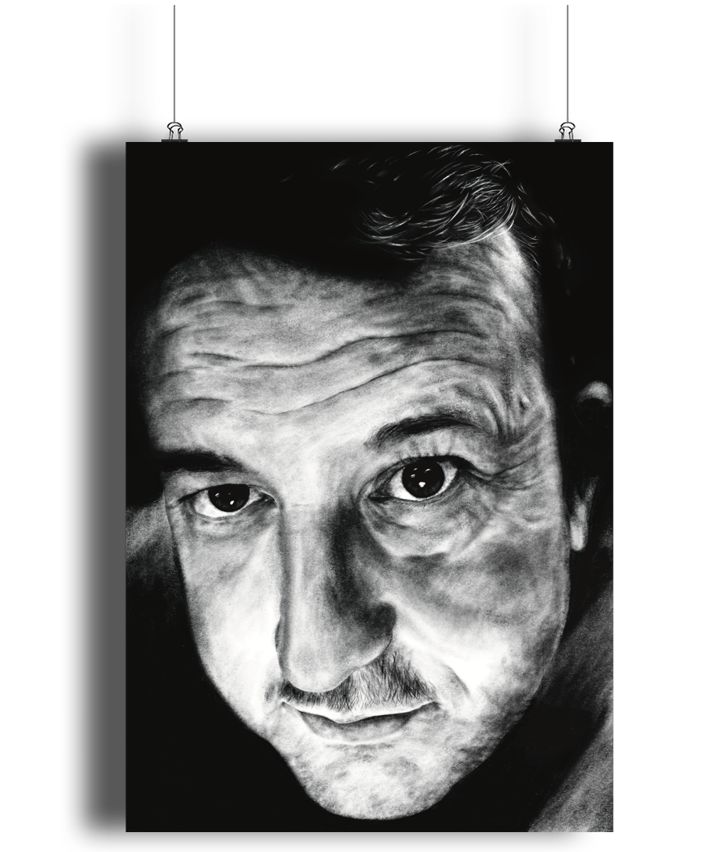 Black and white artwork of a man's face illuminated by candlelight, capturing a dramatic, intimate moment.