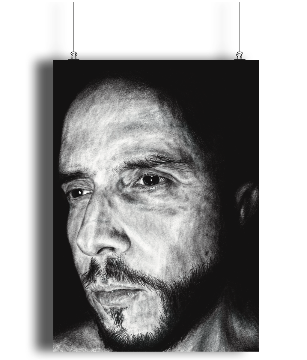 The Night Portrait – Black and white artwork of a man emerging from the shadows, gazing forward. Moody, high-contrast portrait with dramatic lighting.