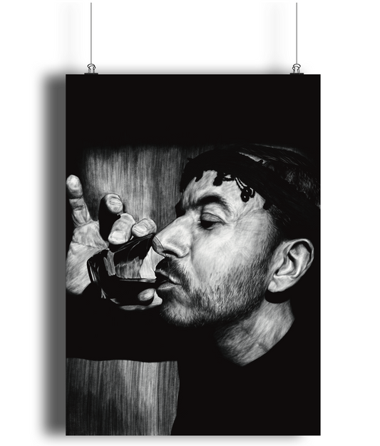 A Night in Crete - Black and white artwork of a Cretan man wearing traditional headwear, raising a glass of wine in celebration. Monochrome Greek art print, capturing Cretan culture and tradition.