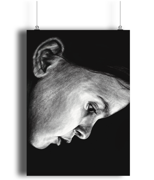 Black and white artwork of a girl titled 'Angel' — moody portrait with a dark background, capturing introspection and emotion.