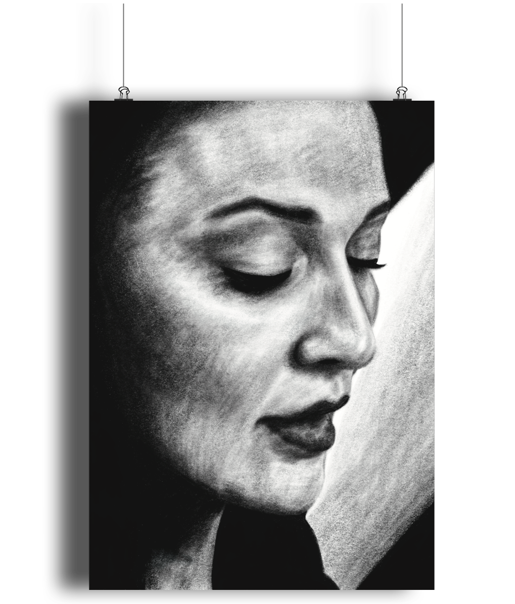 Black and white artwork of a woman looking down, titled Muse In Shadow, capturing a moment of contemplation and elegance.