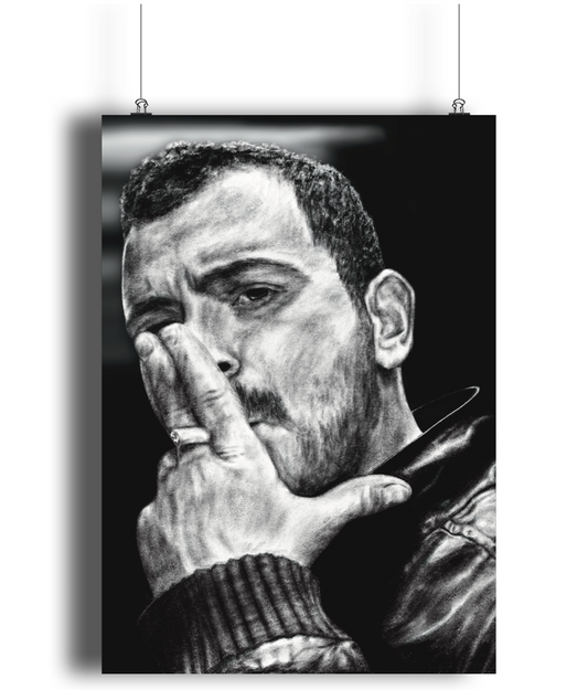 Smoke and Leather: Black and white artwork of a man wearing a leather jacket and smoking a cigarette, capturing a cool, rebellious vibe.