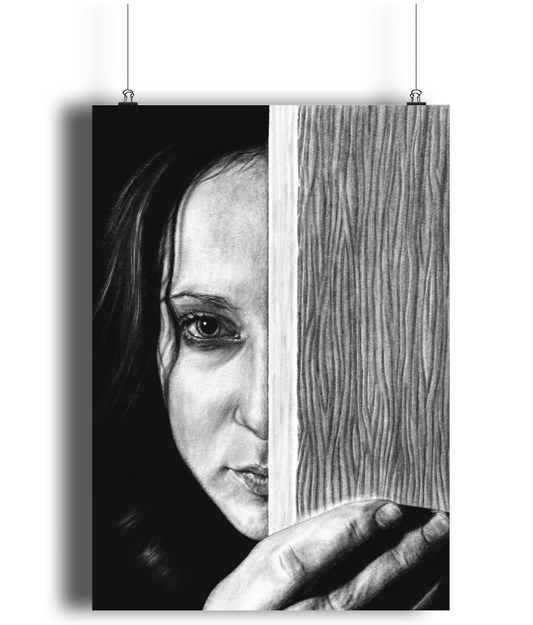 The Edge of Perception – Black and white artwork of a girl with half her face hidden behind a door, gazing forward. Moody, mysterious portrait with high contrast and deep shadows.
