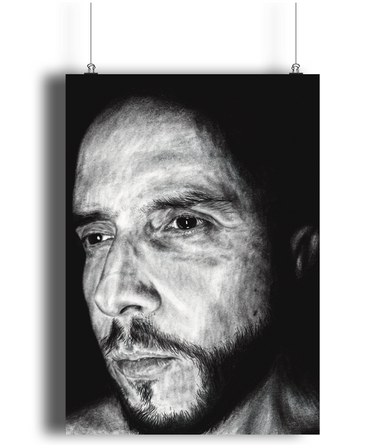 The Night Portrait – Black and white artwork of a man emerging from the shadows, gazing forward. Moody, high-contrast portrait with dramatic lighting.